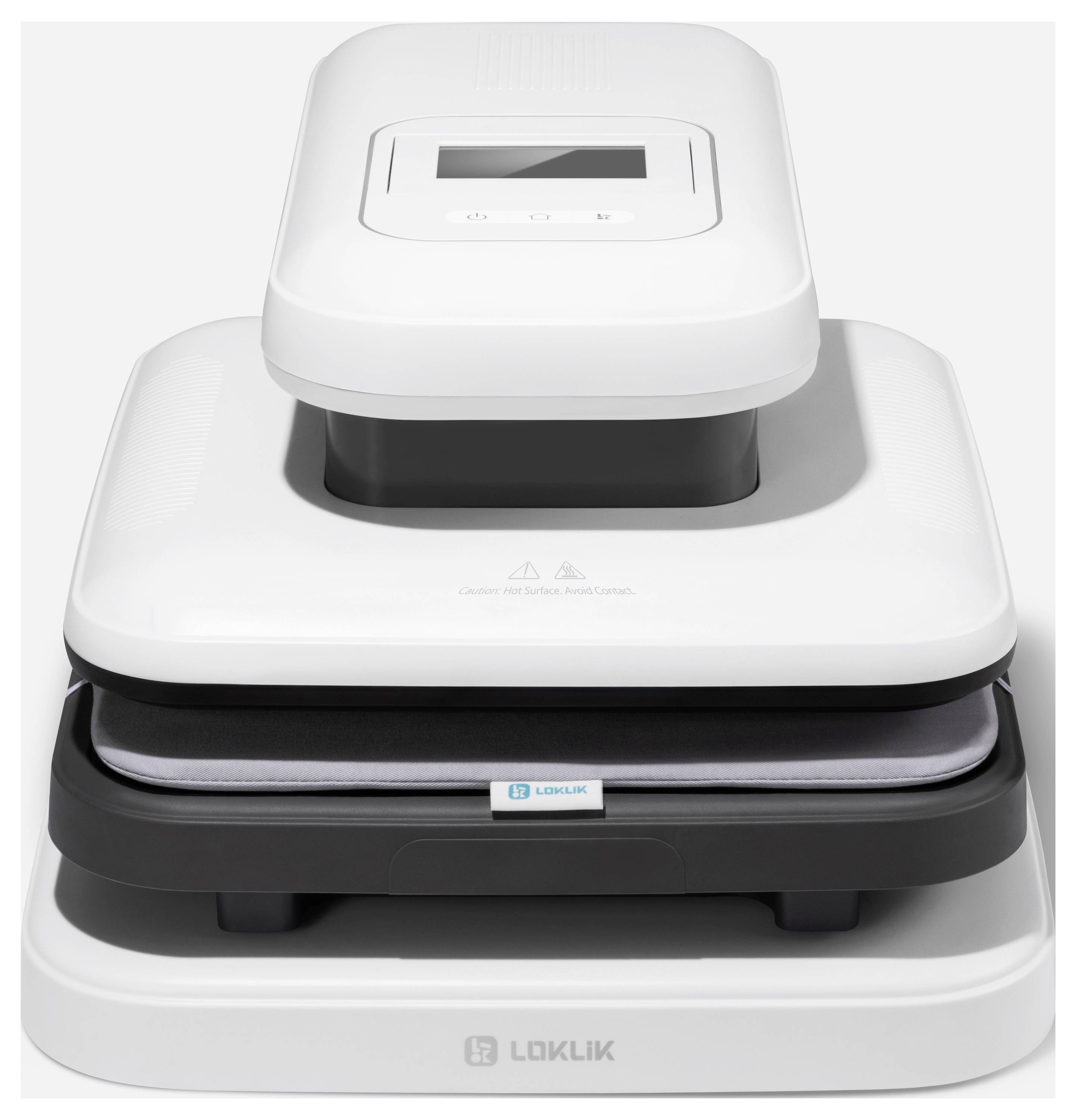 Biała i czarna, elektroniczna prasa do transferu cieplnego z wyświetlaczem cyfrowym, używana do przenoszenia wzorów na tkaniny.