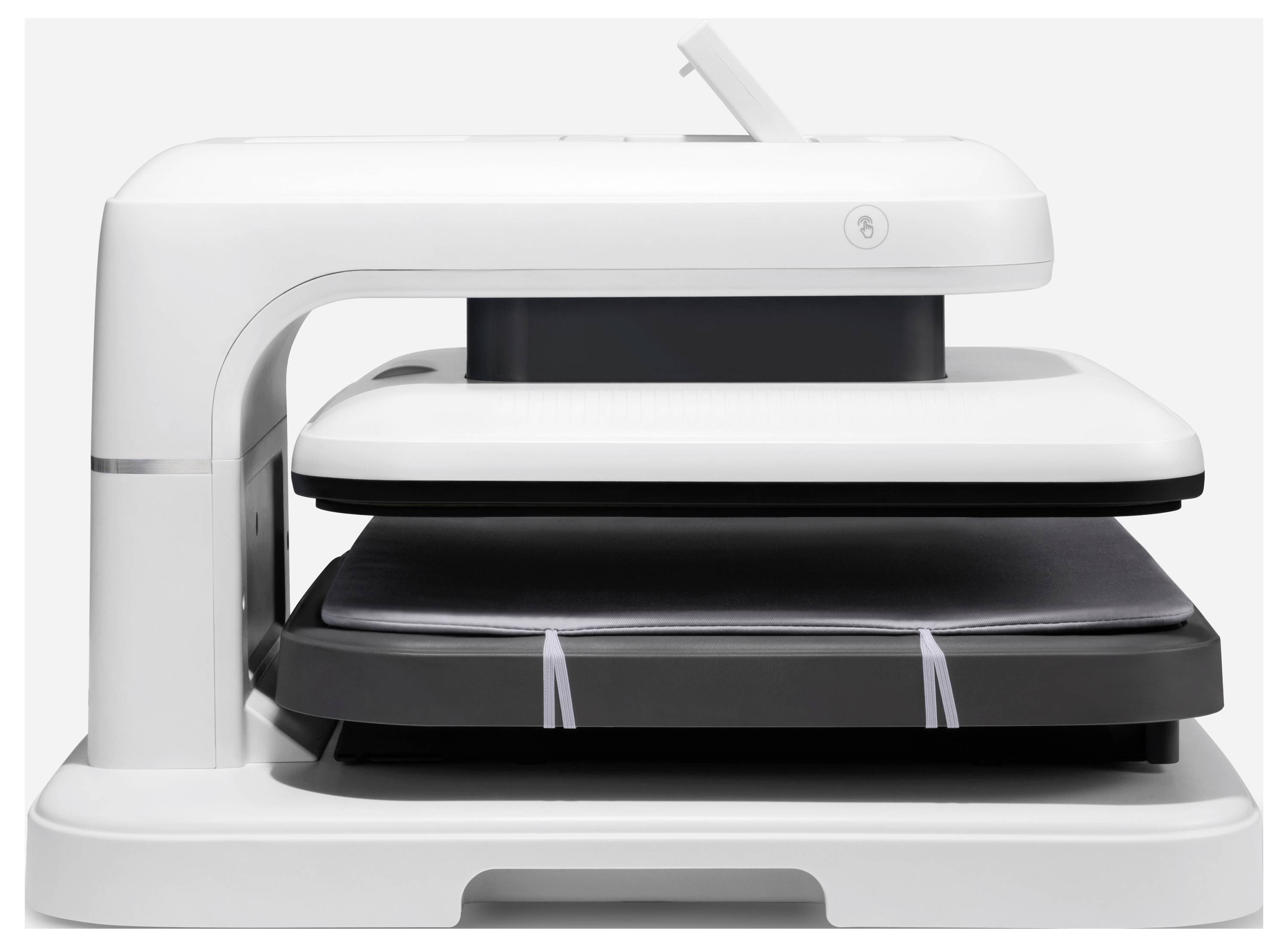 Białe, nowoczesne urządzenie elektroniczne o płaskiej górnej i dolnej części. Wygląda na przeznaczone do prasowania lub laminowania.