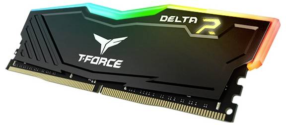 Moduł RAM z podświetleniem RGB. Napis: 'T-Force DELTA'. Dynamiczny design z kolorowym efektem świetlnym wzdłuż górnej krawędzi.