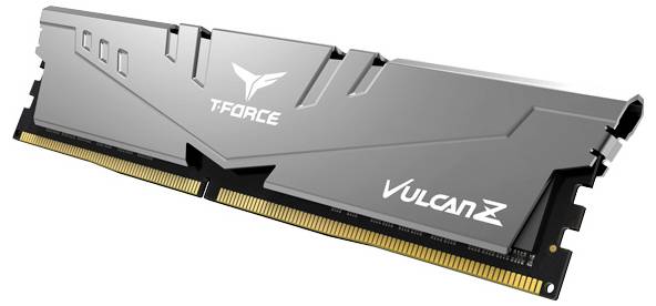 Moduł pamięci RAM 'T-Force Vulcan Z', w kolorze srebrno-szarym, z designem radiatora. Przedstawia nowoczesną technologię ulepszania komputerów.