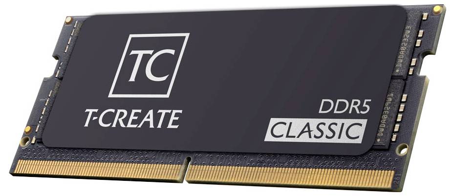 Moduł pamięci DDR5 z napisem 'T-CREATE DDR5 CLASSIC', w czarnym designie, ze złotą listwą styków u dołu, przeznaczony do użycia w pamięci komputerowej.