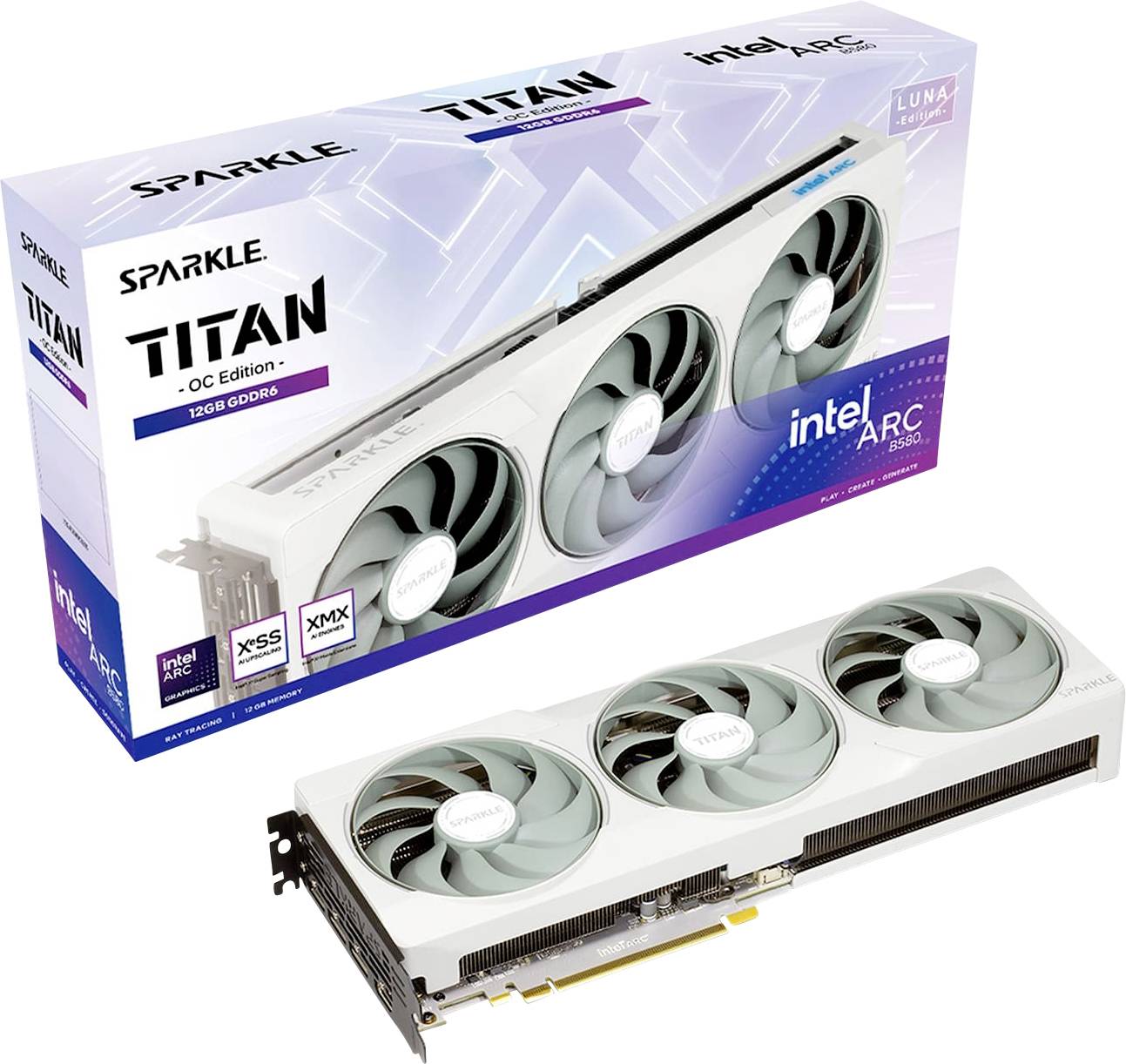 Grafika opakowania i karty graficznej marki 'Sparkle Titan OC Edition' z logo Intel ARC, 16 GB GDDR6, przedstawiona z trzema wentylatorami.