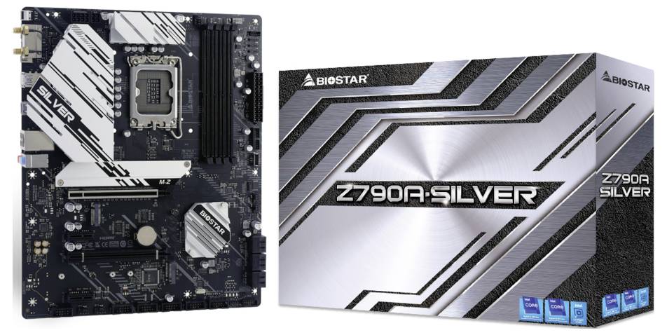 Płyta główna 'BIOSTAR Z790A-SILVER' obok opakowania, z srebrnymi i czarnymi elementami designu. Opakowanie przedstawia nazwę modelu i marki.
