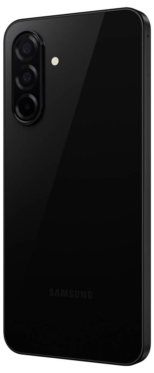 Czarny smartfon z trzema obiektywami aparatu i lampą błyskową z tyłu, oznaczony logo 'Samsung', prezentujący smukły, nowoczesny design.