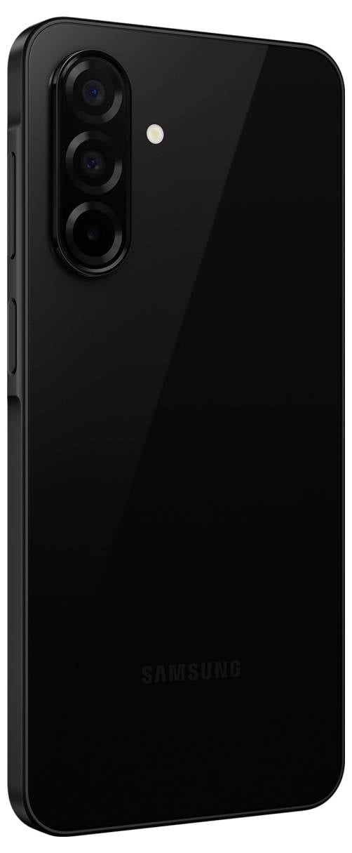 Czarny smartfon z trzema kamerami z tyłu i lampą błyskową LED. Minimalistyczny design bez widocznego logo.