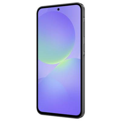 Smartfon z dużym ekranem, czarną ramką, widok z boku pokazuje abstrakcyjne, kolorowe tło.