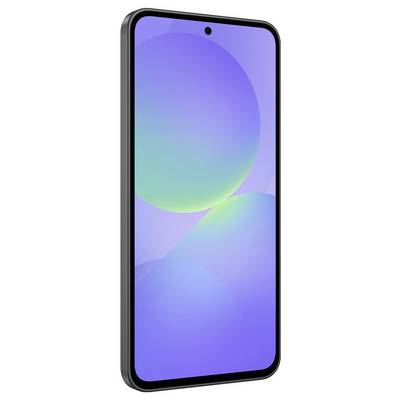 Smartfon z dużym ekranem i wąską ramką jest pokazany z boku. Na wyświetlaczu widać kolorowy wzór.