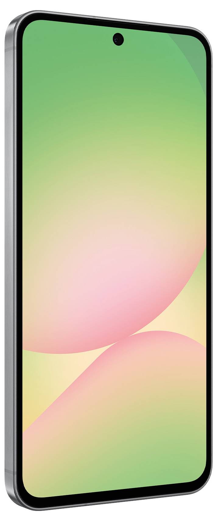 Smartfon widziany z boku z zielono-różowym gradientem na ekranie.