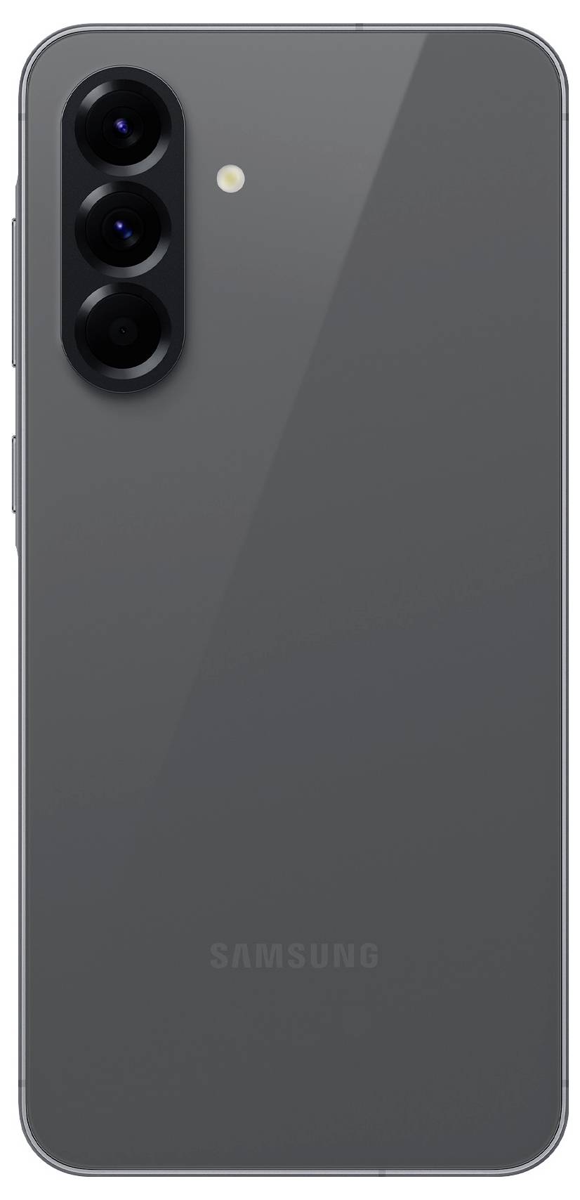 Tylna część smartfona w ciemnoszarym kolorze z trzema obiektywami aparatu i lampą błyskową w lewym górnym rogu. Minimalistyczny design, bez widocznych logotypów.