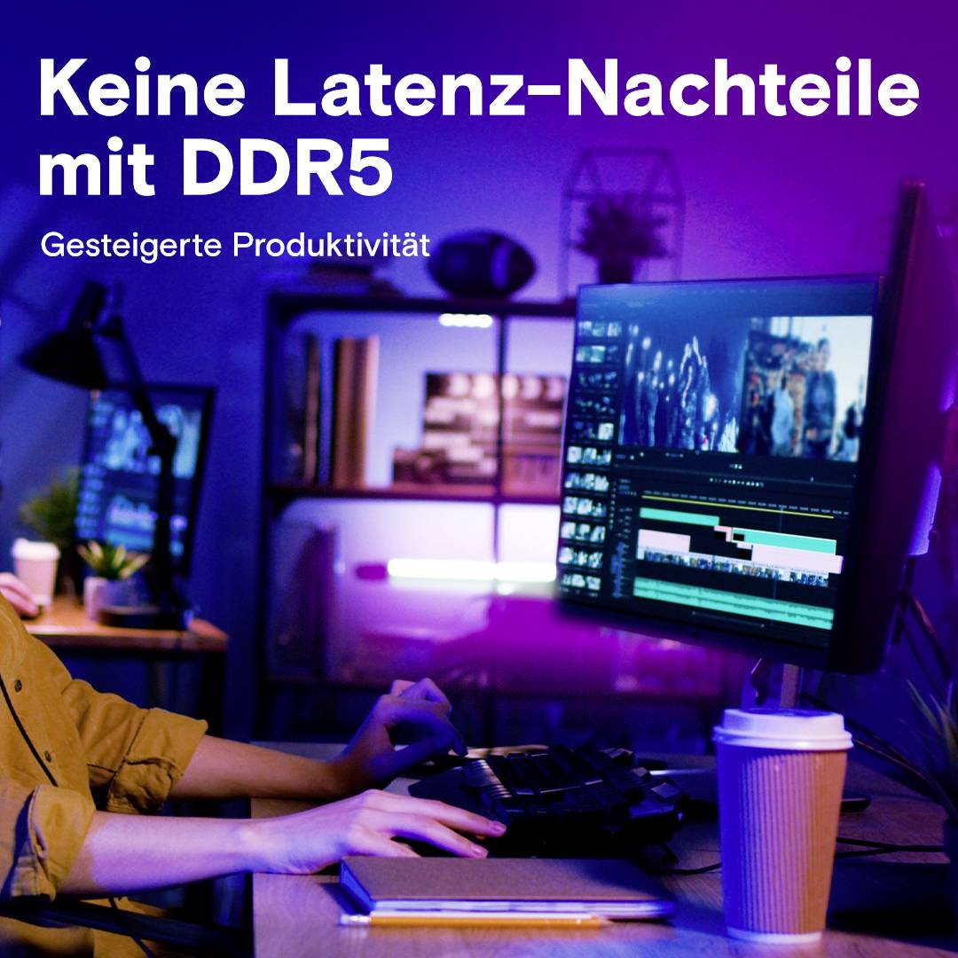 Ekran wyświetla program do edycji wideo. Tekst: 'Bez wad opóźnienia z DDR5', 'Zwiększona produktywność'.