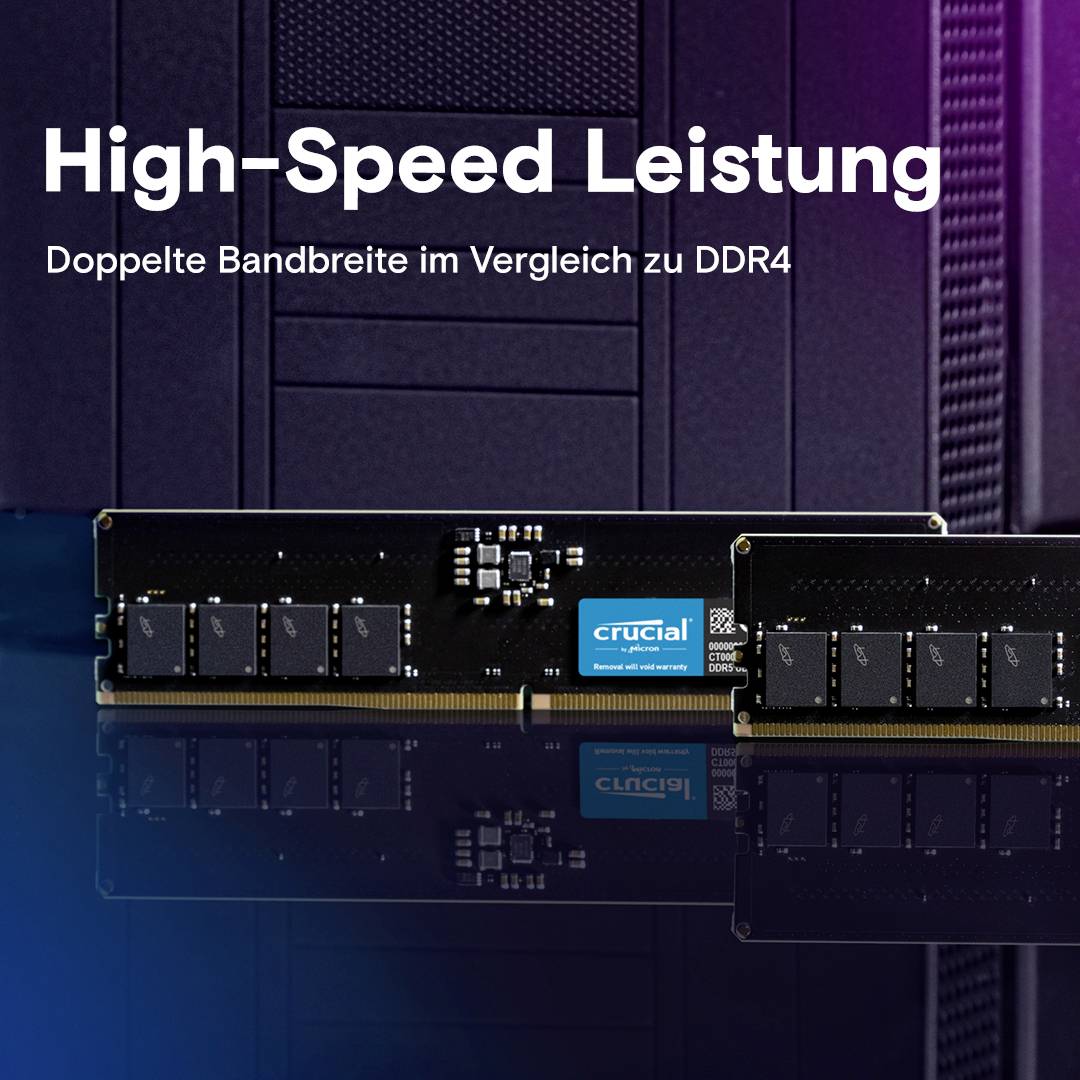 Moduł RAM DDR5 na fioletowo-niebieskim tle z tekstem 'Wysoka prędkość: Podwójna przepustowość w porównaniu z DDR4'.