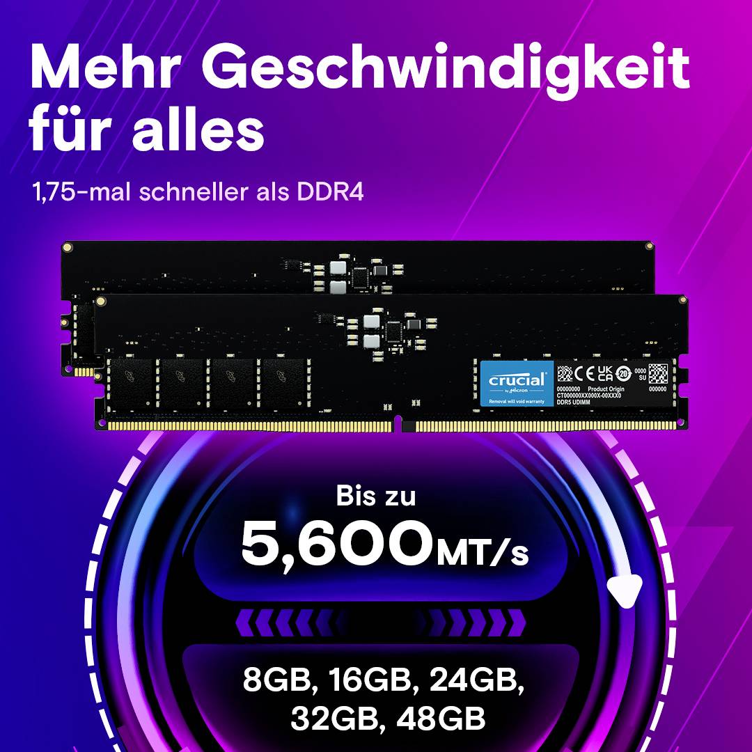 Dwa moduły RAM firmy Crucial z napisami 'Więcej prędkości dla wszystkiego', '1,75 razy szybsze niż DDR4', '5600 MT/s'. Modele: 8 GB, 16 GB, 24 GB, 32 GB, 48 GB.