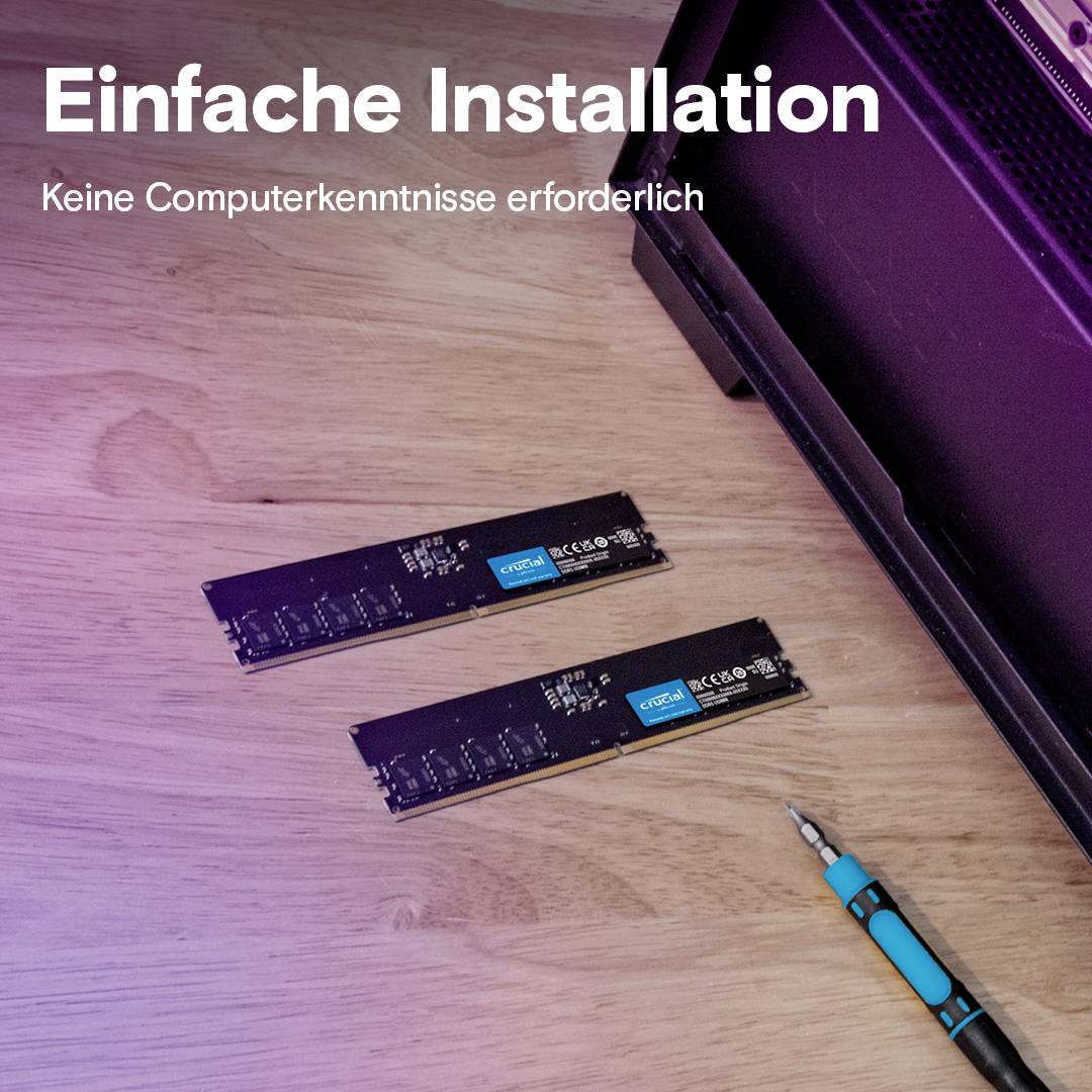 Dwa moduły RAM i śrubokręt na stole. Powyżej tekst: 'Prosta instalacja. Nie wymaga wiedzy komputerowej.'