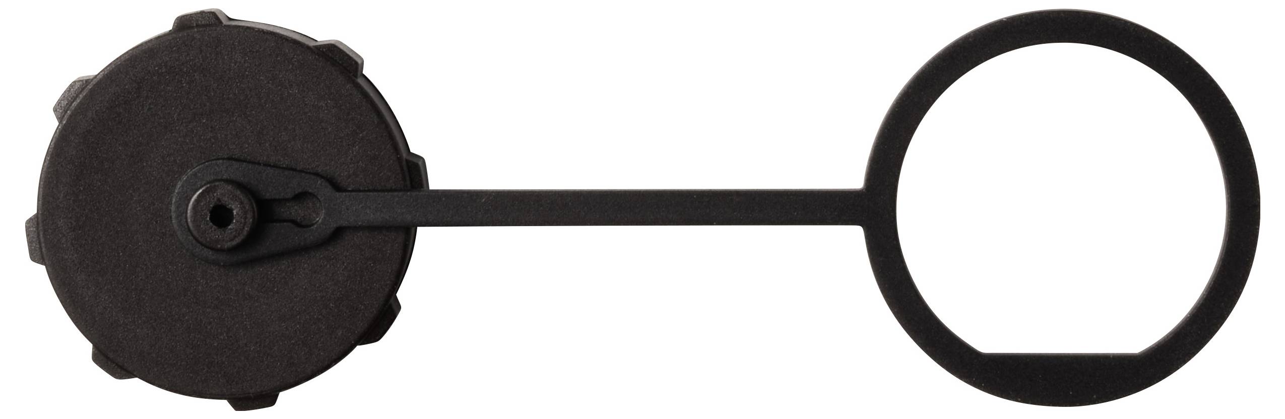 Czarny okrągły pojemnik z długim, cienkim uchwytem, który kończy się dużym, otwartym pierścieniem.