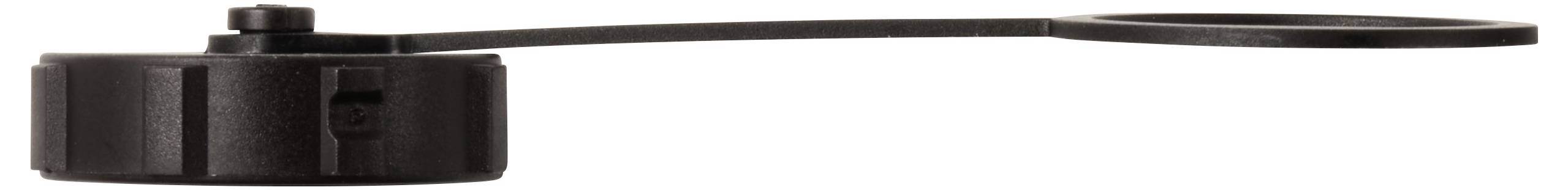 Czarna plastikowa zakrętka z długą, elastyczną taśmą. Służy do zamykania lub przykrywania pojemnika lub rury.