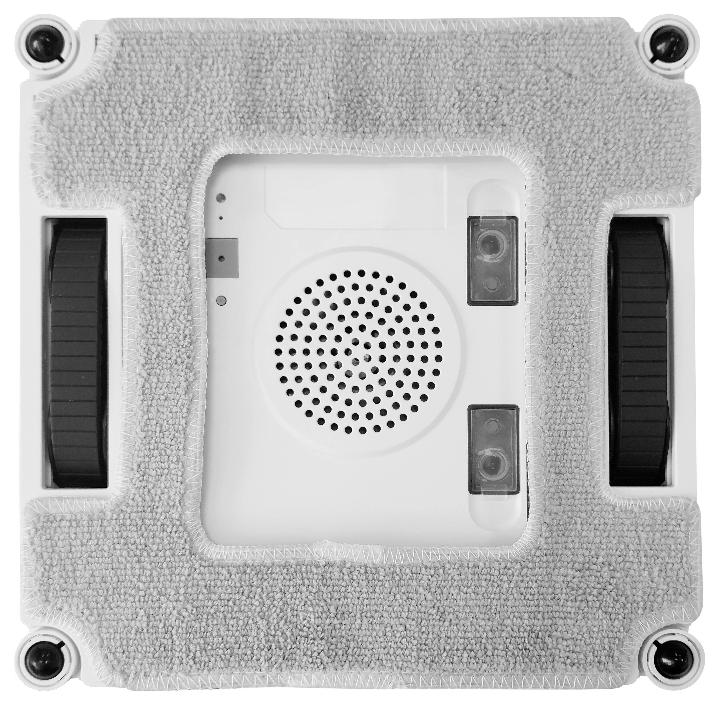 Automatyczny robot do czyszczenia okien z dwoma kołami i prostokątną ściereczką z mikrofibry umieszczoną od spodu, z otworami wentylacyjnymi pośrodku.