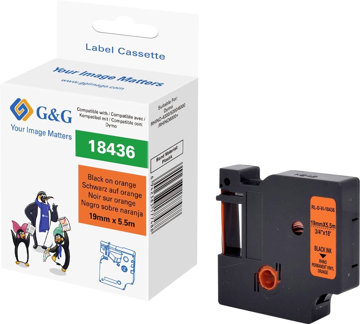 Стрічка для друку G&G RL-D-Vi-18436-BK/OR-19MM*5.5M, 19 мм x 5.5 м, Колір стрічки: оранжевий / Колір друку: чорний
