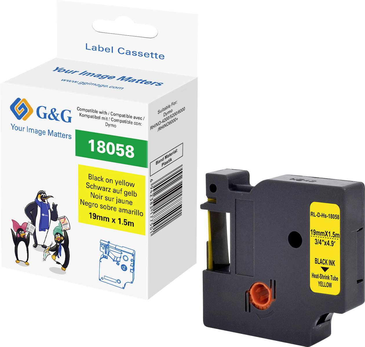 Стрічка для друку G&G RL-D-Hs-18058-BK/YE-19MM*1.5M, 19 мм x 1.5 м, Колір стрічки: жовтий / Колір друку: чорний