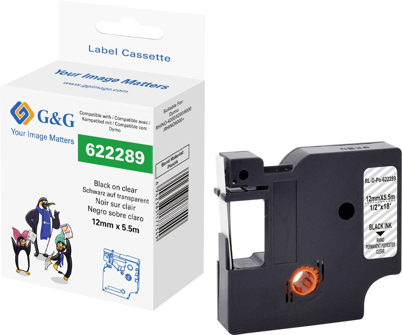 Стрічка для друку G&G RL-D-Po-622289-BK/CL-12MM*5.5M, 12 мм x 5.5 м, колір стрічки: прозорий / колір друку: чорний