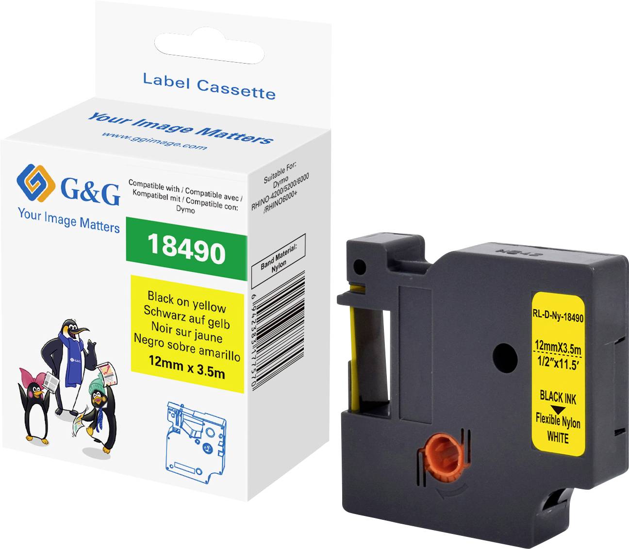 Стрічка для друку G&G RL-D-Ny-18490-BK/YE-12MM*3.5M, 12 мм x 3.5 м, колір стрічки: жовтий / колір друку: чорний