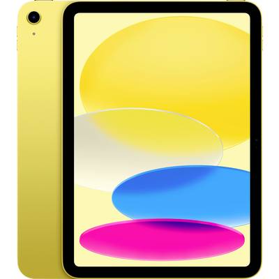 Żółty tablet z podświetlonym ekranem prezentuje owalne kształty w kolorach żółtym, białym, niebieskim i różowym na żółtym tle.