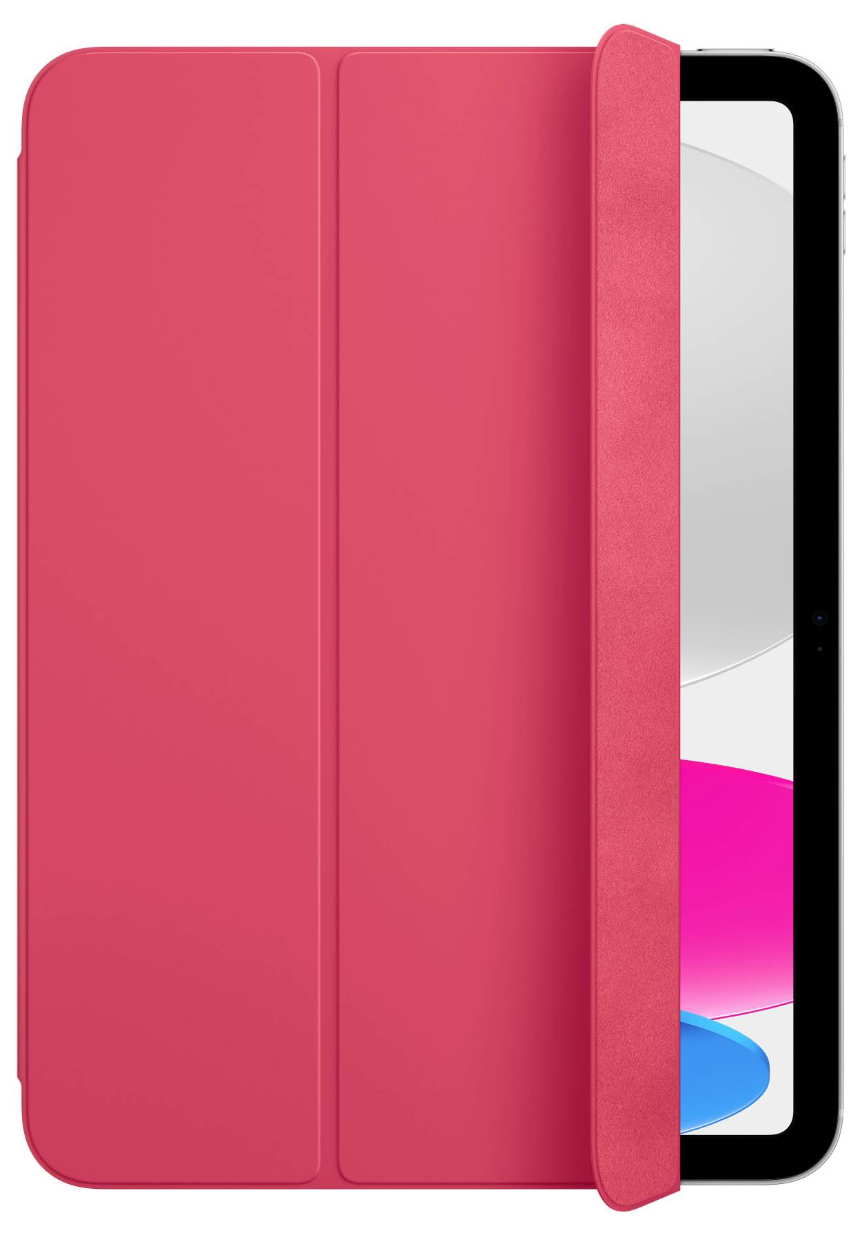 Czerwone etui na tablet, częściowo otwarte, prezentuje tablet z czarną ramką i widocznym ekranem.