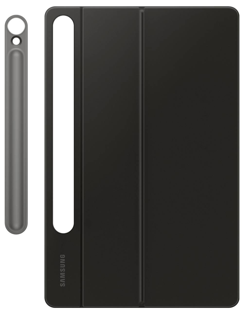 Czarna obudowa na tablet z miejscem na wbudowany rysik, z uchwytem na długopis umieszczonym z lewej strony.