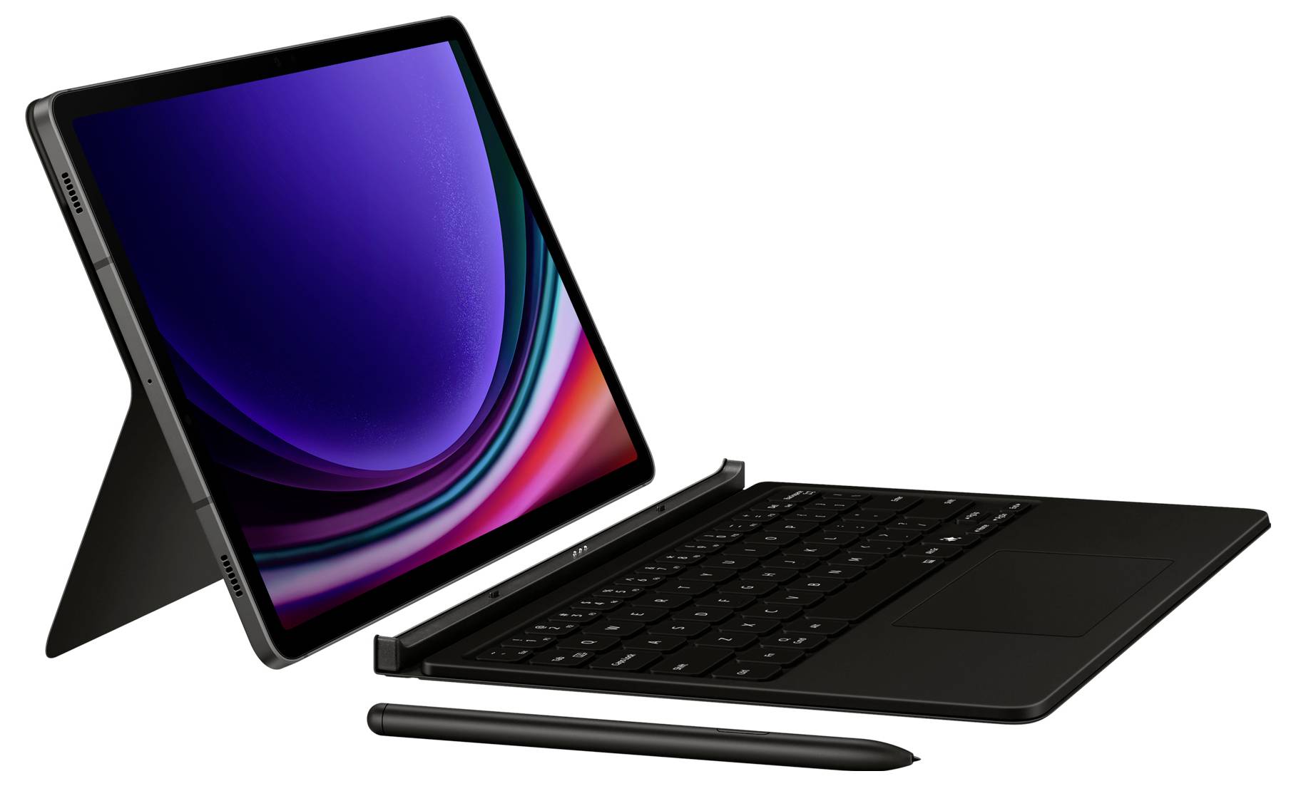 Tablet z odłączaną klawiaturą i rysikiem, stojący na stole. Na ekranie wyświetlana jest kolorowa fala.