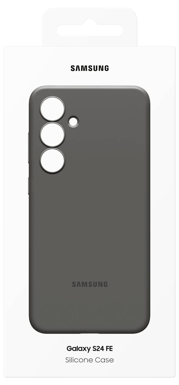 Czarna silikonowa obudowa do 'Galaxy S24 FE' jest prezentowana w opakowaniu z nazwą marki u góry i oznaczeniem modelu na dole.