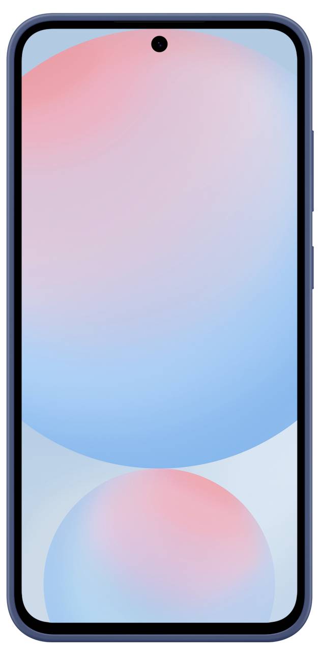Smartfon z niebieską ramką i wyświetlaczem przedstawiającym gradientowy wzór w odcieniach różu i błękitu.