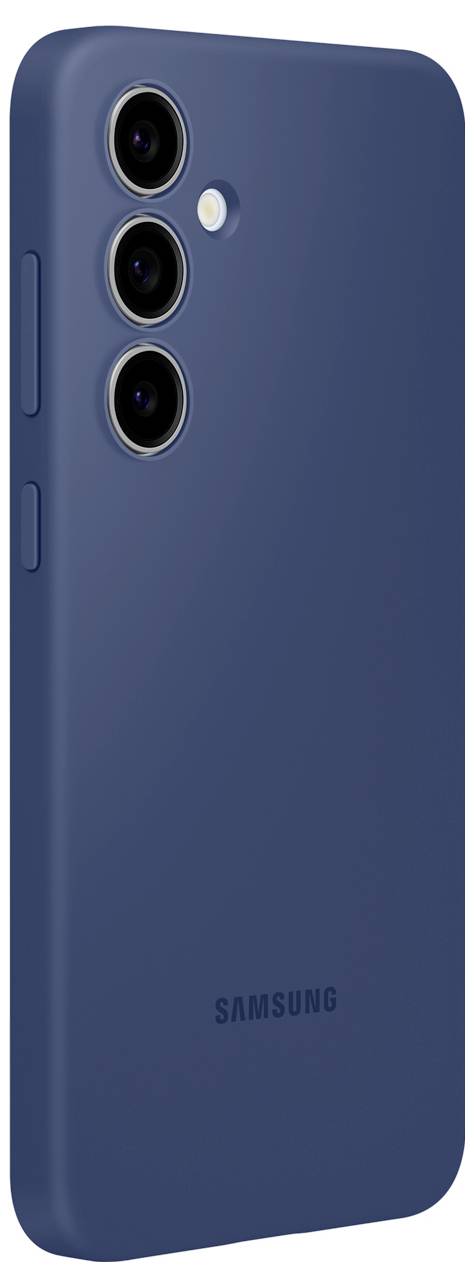 Niebieski smartfon z trzema obiektywami aparatu z tyłu, przedstawiony z boku. Nazwa marki 'Samsung' u dołu.