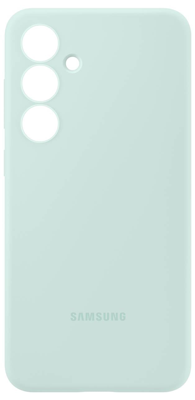 Miętowozielone etui na telefon Samsung z trzema wycięciami na aparaty i logo na dole. Prosty design, chroni urządzenie.