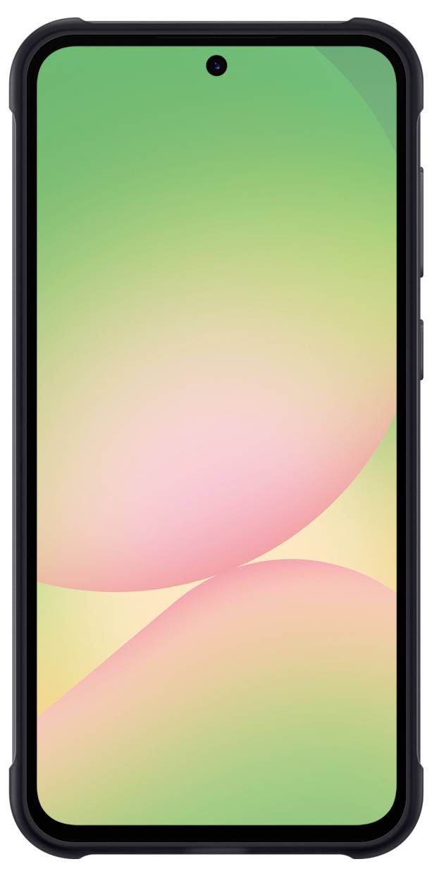 Smartfon z kolorowym ekranem i czarną obudową. Ekran wyświetla gradient od zieleni do różu.