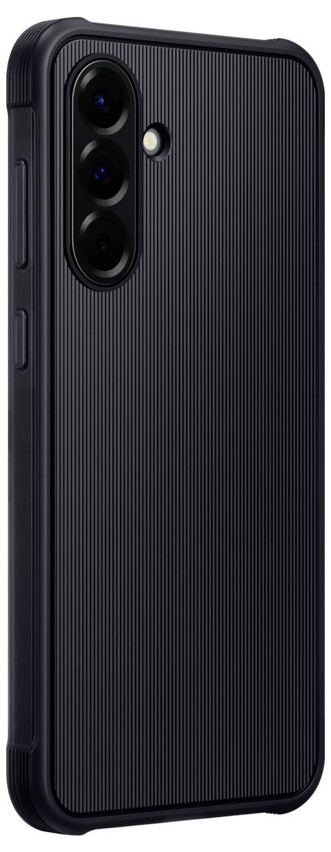 Czarny smartfon z teksturowaną obudową ochronną, trzema obiektywami kamery i lampą błyskową z tyłu.