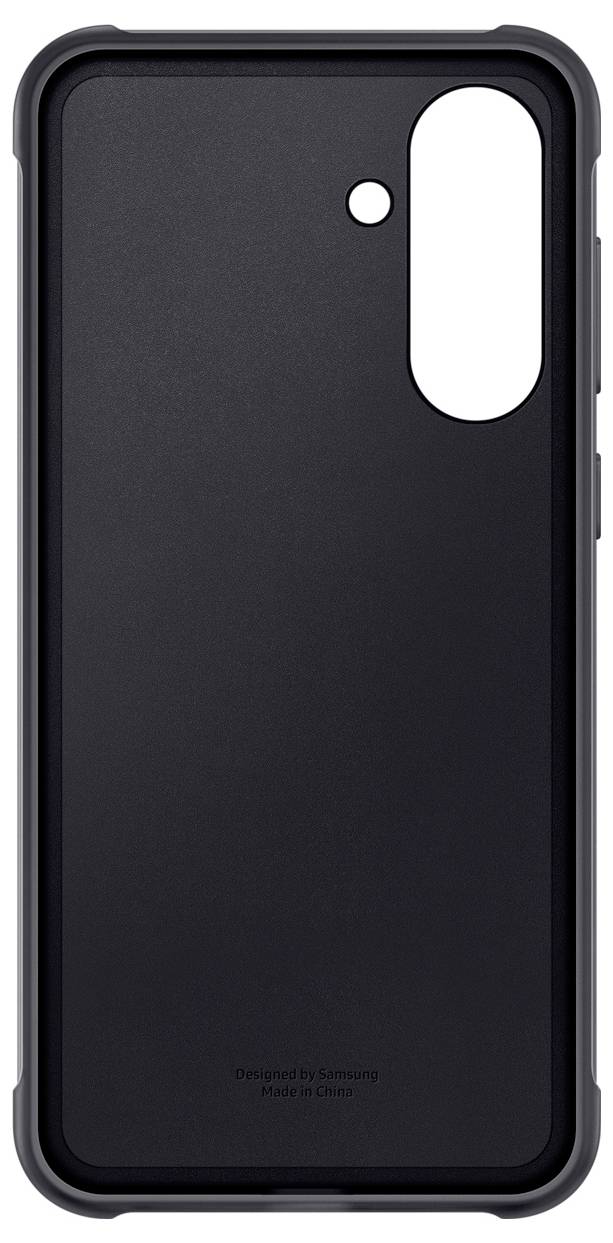 Czarna obudowa na telefon z wycięciem na aparat w górnym prawym rogu, prosty design.