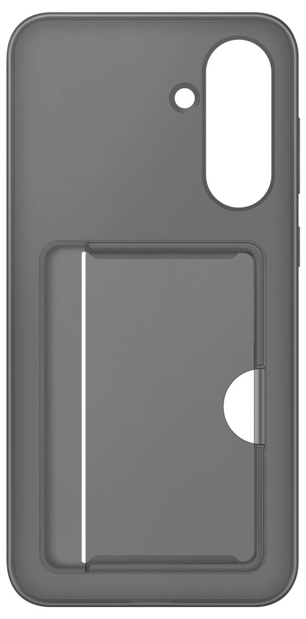 Szara obudowa na telefon z wbudowaną kieszenią na kartę, z odpowiednimi wycięciami na aparat i przyciski po prawej stronie.