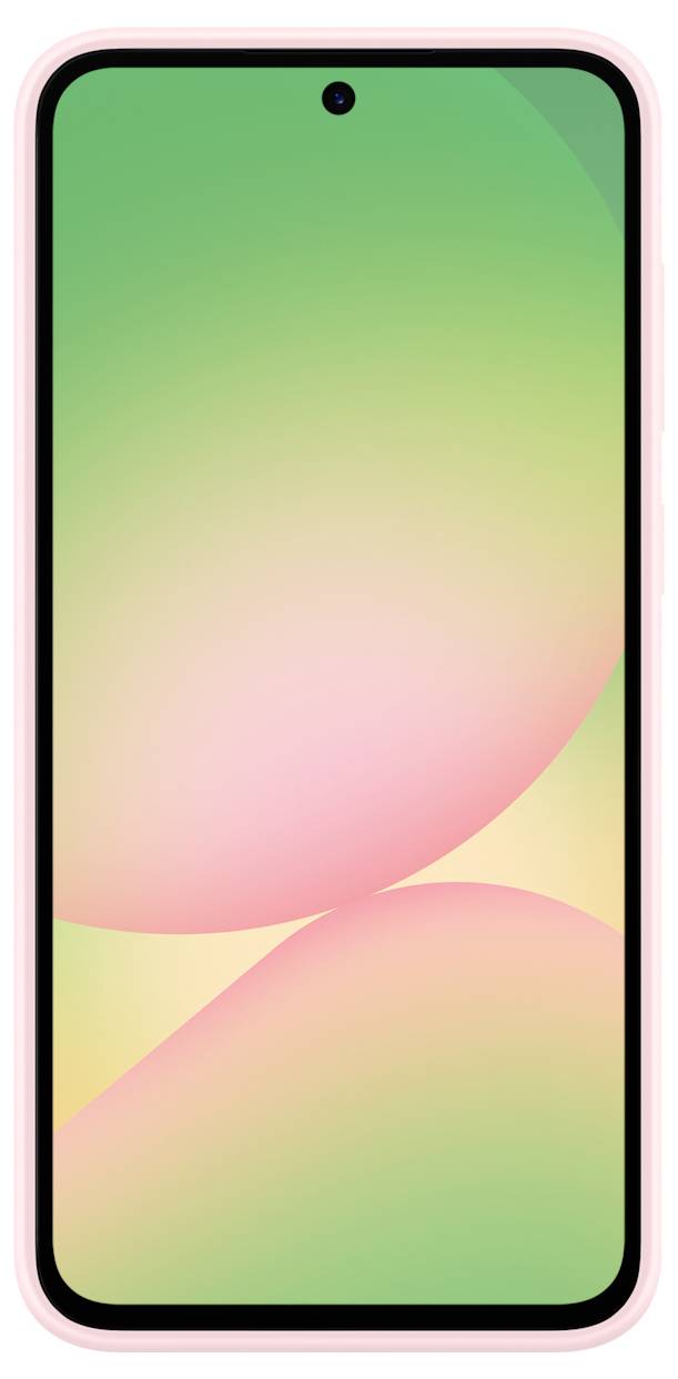 Smartfon z różową ramką i wyświetlaczem pokazującym gradient kolorów od zieleni do różu. Ekran jest włączony, bez jakiejkolwiek treści.