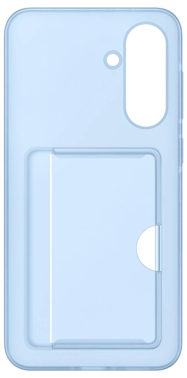 Na zdjęciu widać jasnoniebieskie etui na smartfona z wbudowanym schowkiem na karty, które oferuje miejsce do przechowywania kart.