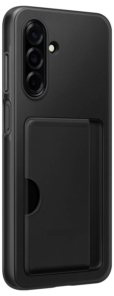 Czarny smartfon z potrójnym aparatem fotograficznym i slotem na kartę z tyłu urządzenia.