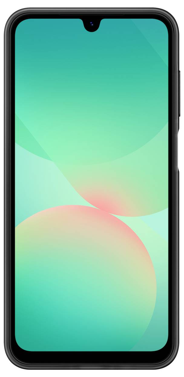 Smartfon z czarną ramką wyświetla zielone tło z abstrakcyjnymi kształtami na swoim ekranie.