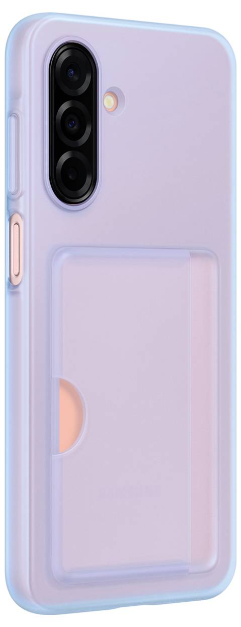 Etui Lila z trzema czarnymi otworami na aparat i zintegrowanym uchwytem na karty. Widok z boku przedstawia przyciski i kamerę.