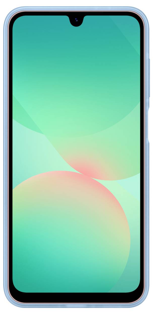 Smartfon z niebieską ramką i ekranem wyświetlającym abstrakcyjne zielono-różowe gradienty.