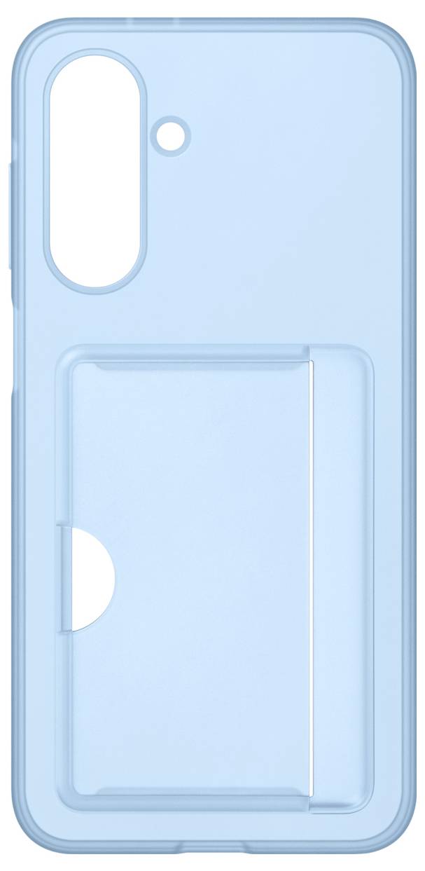 Jasnoniebieskie etui na telefon z wycięciami na aparat i lampę błyskową. Z tyłu zintegrowana kieszeń na karty lub notatki.