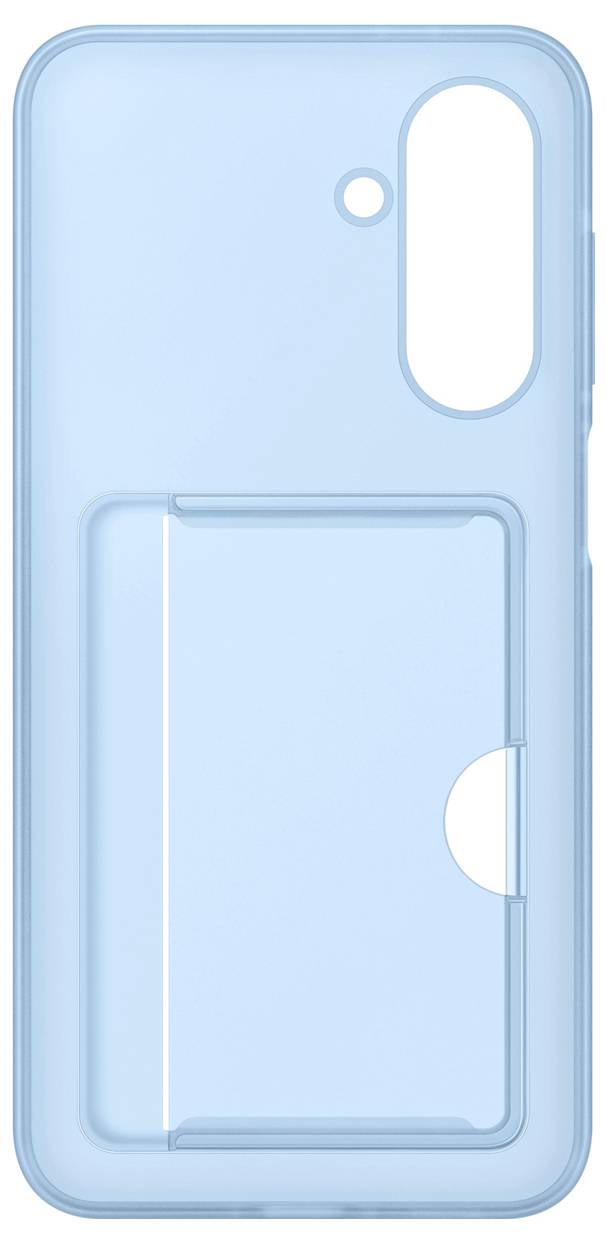 Jasnoniebieskie etui na telefon z kieszenią na karty z tyłu.