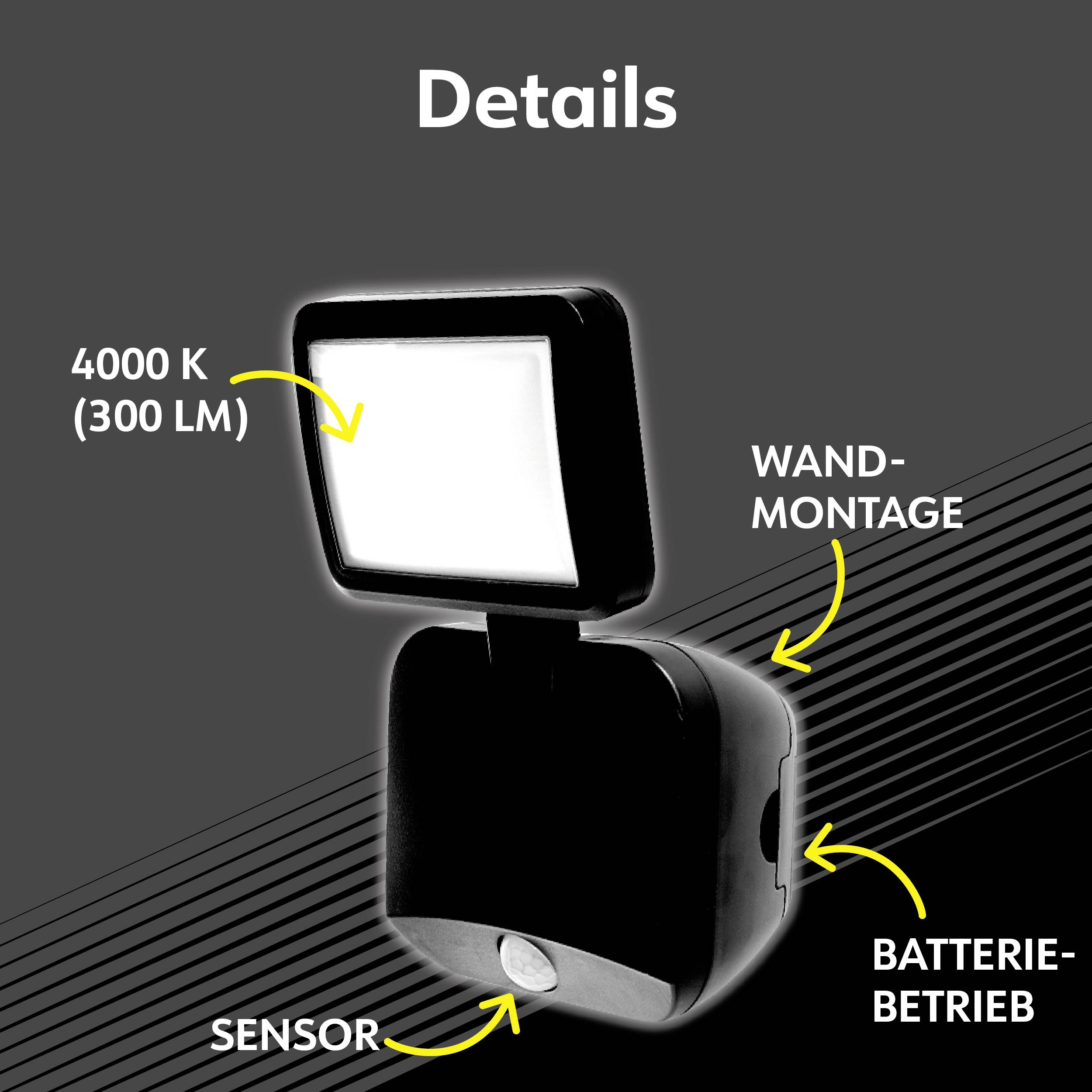 Światło LED o temperaturze barwowej 4000 K, 300 lumenów. Montaż naścienny. Zasilanie bateryjne. Czujnik u dołu. Oznaczenia wskazują szczegóły.