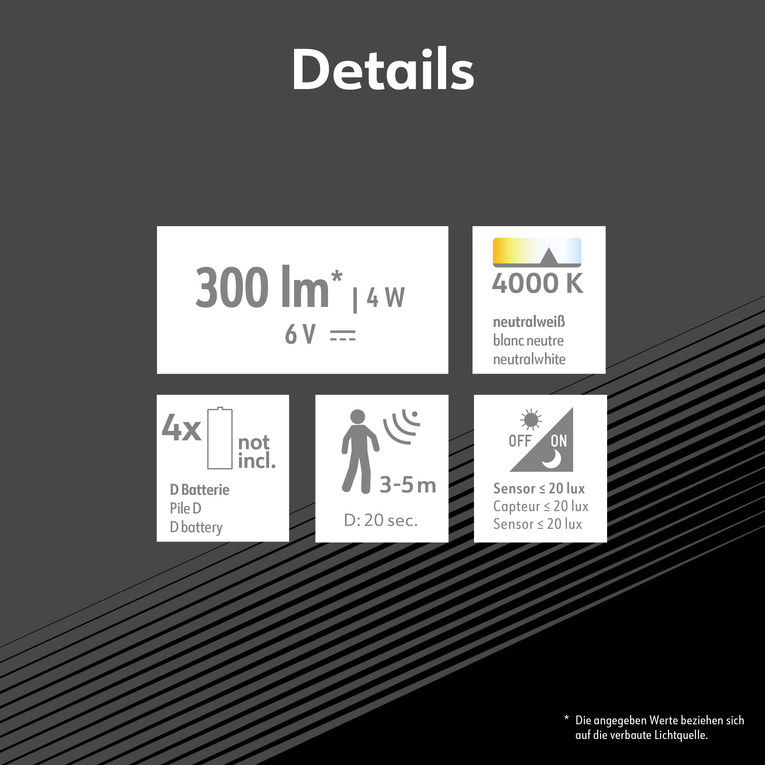 Szczegóły z następującymi informacjami: Jasność 300 lm, 6V, 4W; Temperatura barwowa 4000K w neutralnej bieli; wymaga 4 baterii D; Zasięg wykrywania 3-5m. Czujnik działa przy ≤ 20 luksów.