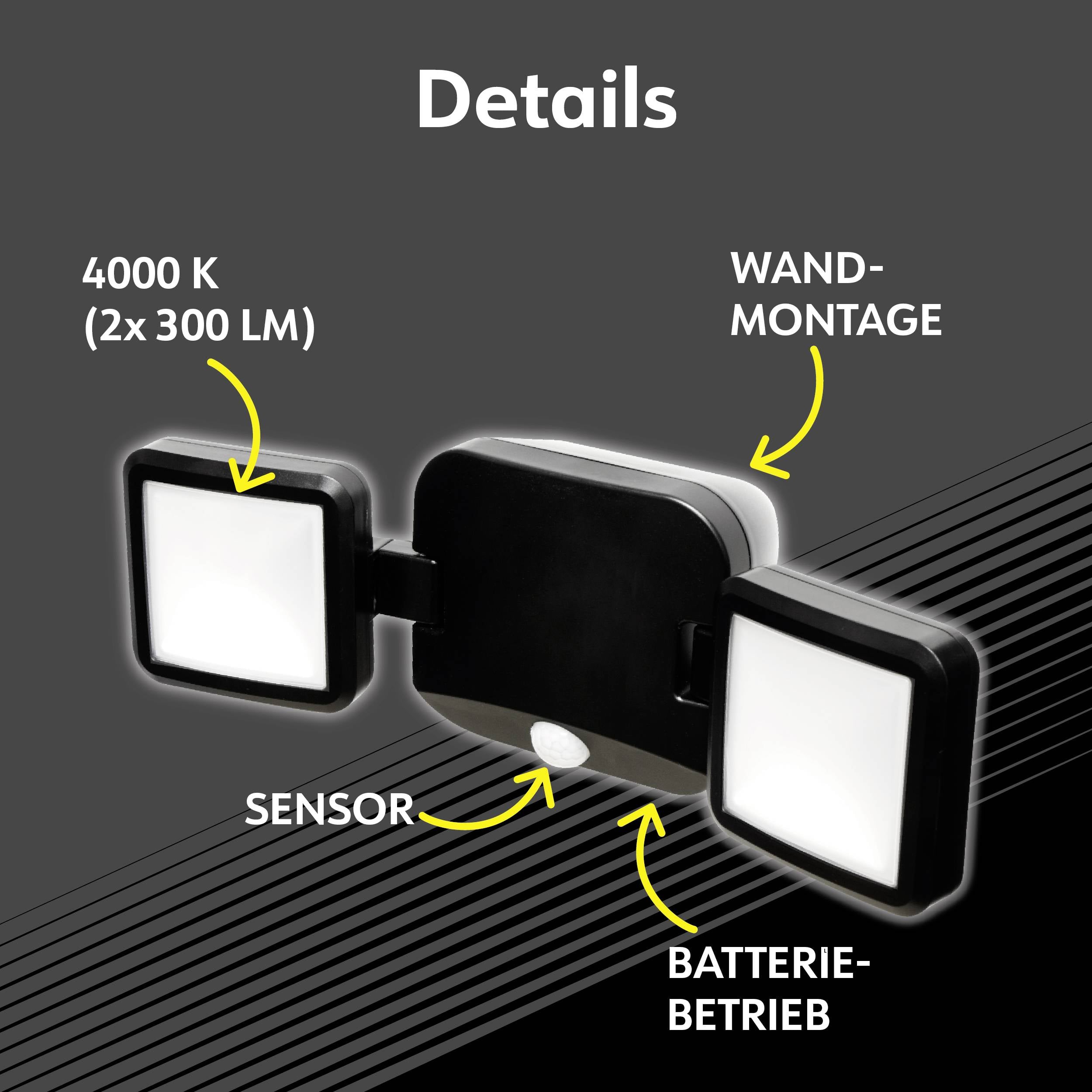 Dwie kwadratowe lampy LED z napisem '4000 K (2x 300 lm)', 'Montaż ścienny', 'Czujnik', 'Zasilanie bateryjne'.