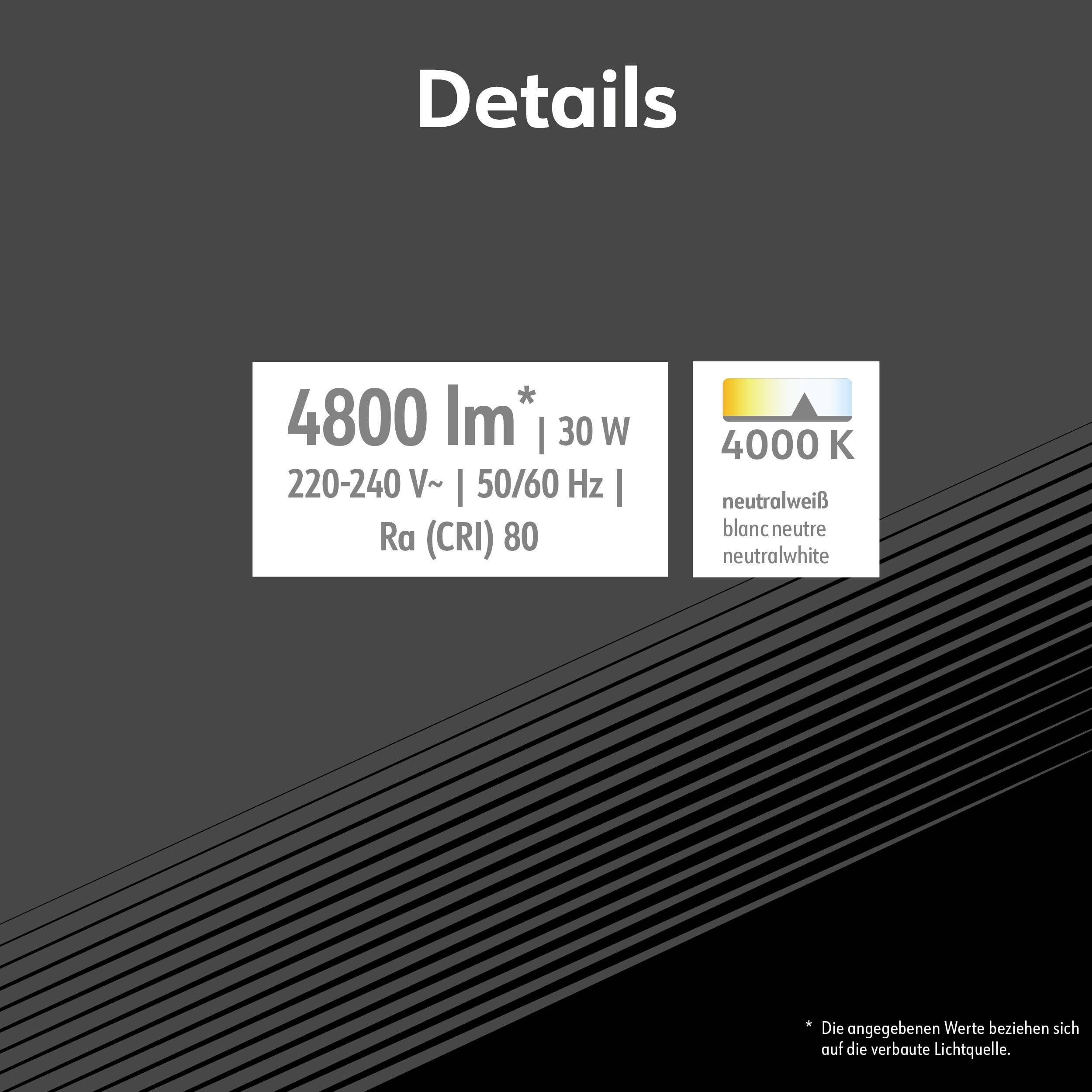 'Szczegóły': Lampa LED, 4800 lumenów, 30 watów, 220-240 volt, 50/60 Hz, Ra (CRI) 80, 4000 kelwinów, neutralnie biała.