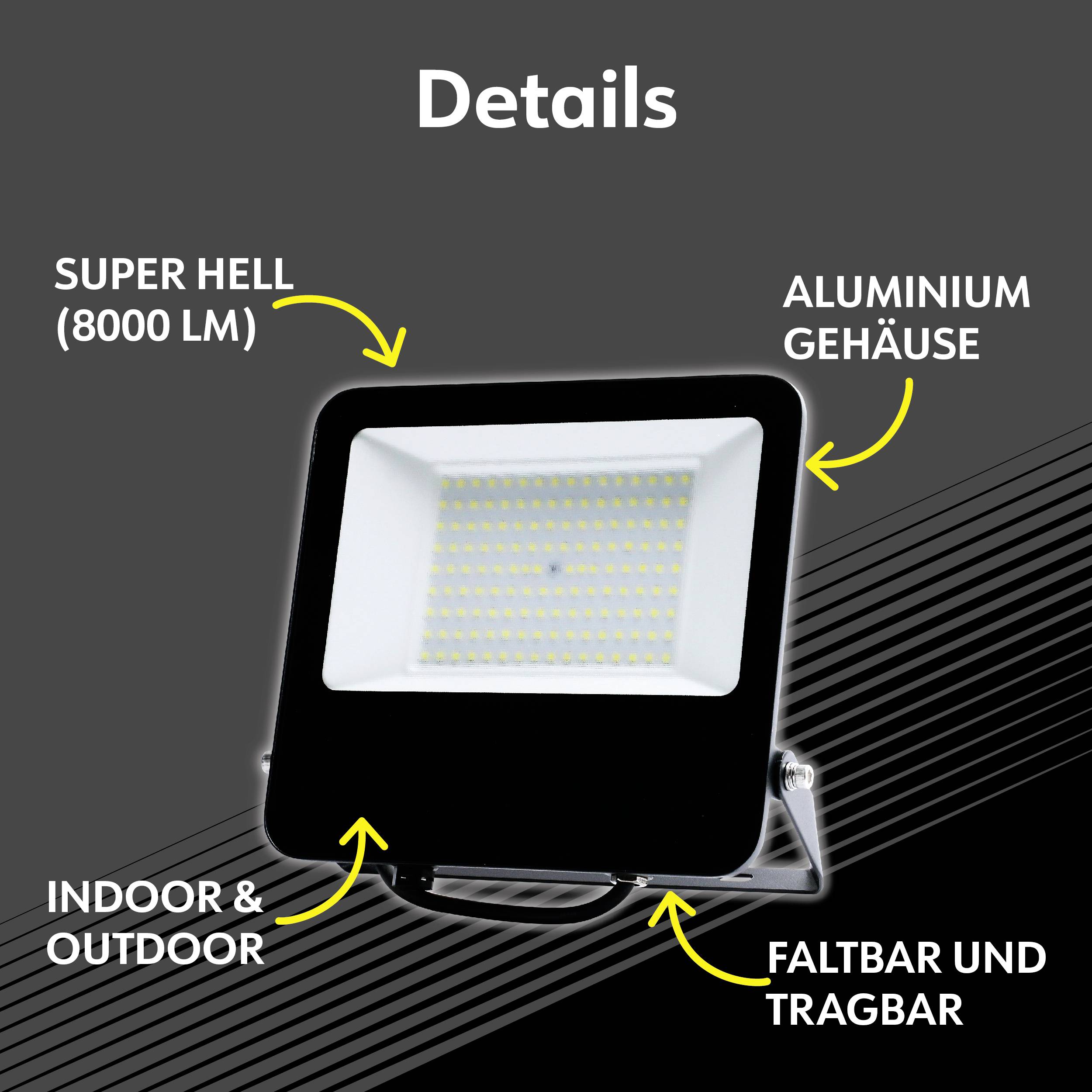 Reflektor LED z obudową aluminiową, wyjątkowo jasny (8000 lumenów), odpowiedni do użytku wewnątrz i na zewnątrz, składany i przenośny.