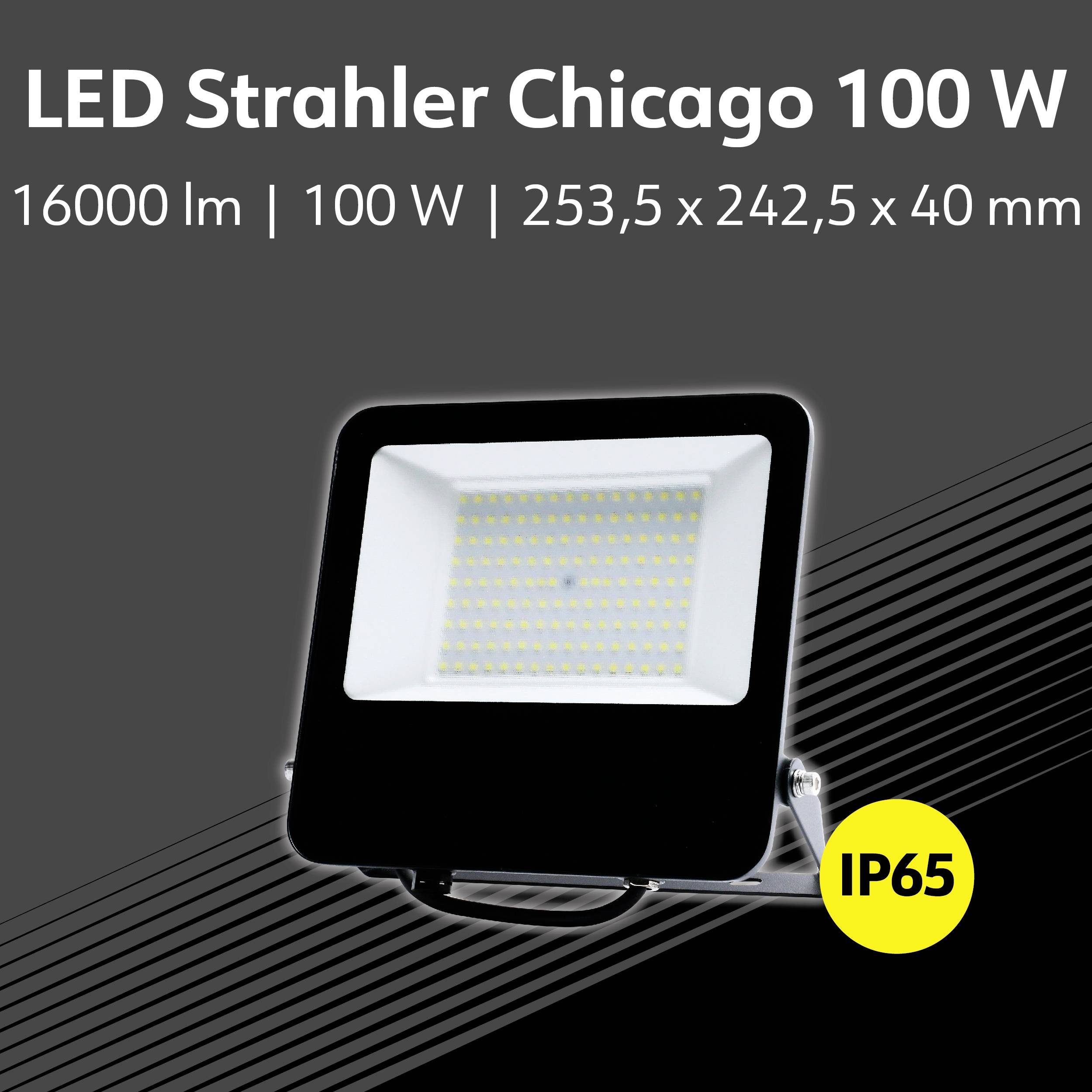 Naświetlacz LED, model Chicago, 100 W, 16000 lumenów, IP65, rozmiar 253,5 x 242,5 x 40 mm.